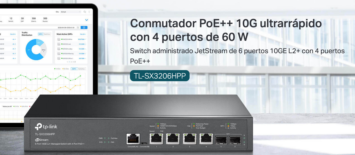 Switch L2+ PoE++ Omada 6 Puertos 10G / 4 Puertos 802.3 af/at/bt Multi-Gigabit 1G, 2.5G, 5G, 10G / 2 Puertos SFP+ 10G / Multicast IGMP / Adminstración