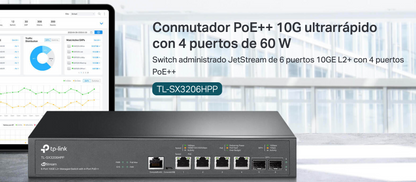 Switch L2+ PoE++ Omada 6 Puertos 10G / 4 Puertos 802.3 af/at/bt Multi-Gigabit 1G, 2.5G, 5G, 10G / 2 Puertos SFP+ 10G / Multicast IGMP / Adminstración