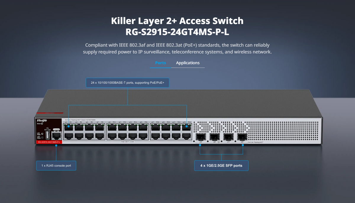 Switch PoE+ Empresarial 370 Watts, Administrable L2+, 24 Puertos Gigabit y 4 Puertos Uplink SFP 2.5G