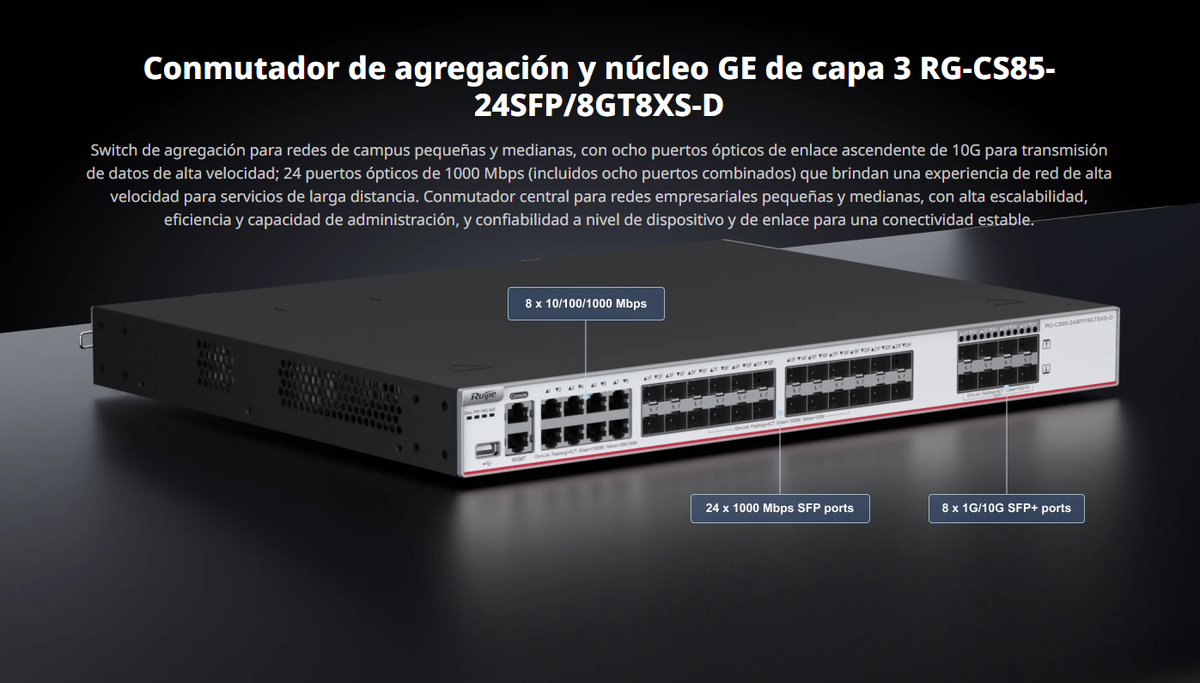 Switch Core Administrable Capa 3 con 8 puertos Gigabit, 24 SFP y 8 SFP+ Combo para fibra 10Gb, gestión gratuita desde la nube