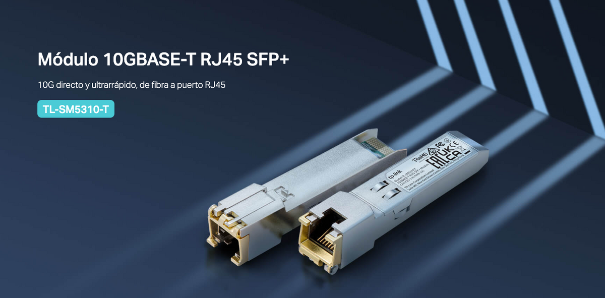 Transceptor mini-GBIC SFP+ RJ45 / Admite 10GBASE-T, 5GBASE-T, 2.5GBASE-T, 1000BASE-T y 100BASE-TX / Distancia Hasta 30 metros / Conector RJ45 (10G)