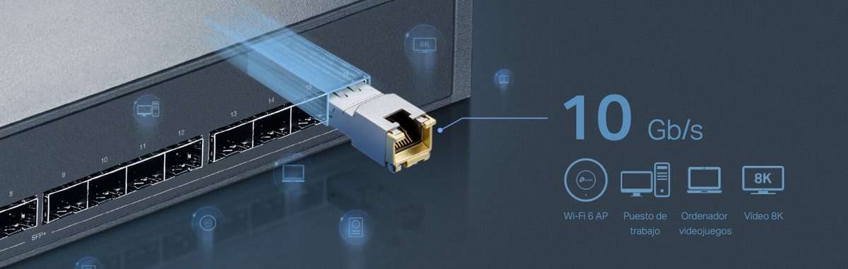 Transceptor mini-GBIC SFP+ RJ45 / Admite 10GBASE-T, 5GBASE-T, 2.5GBASE-T, 1000BASE-T y 100BASE-TX / Distancia Hasta 30 metros / Conector RJ45 (10G)