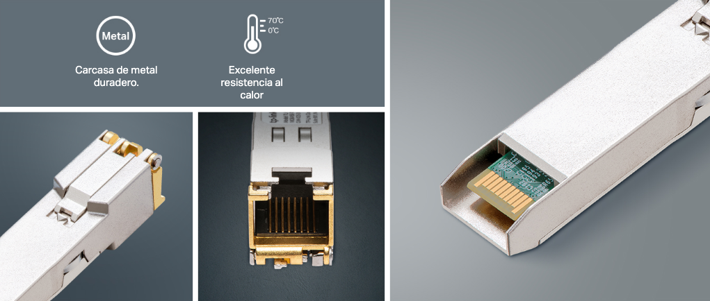 Transceptor mini-GBIC SFP+ RJ45 / Admite 10GBASE-T, 5GBASE-T, 2.5GBASE-T, 1000BASE-T y 100BASE-TX / Distancia Hasta 30 metros / Conector RJ45 (10G)