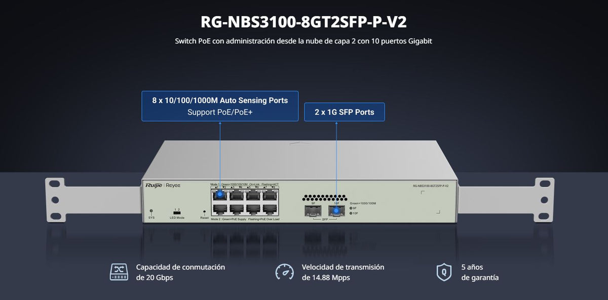 Switch Administrable PoE Capa 2 con 8 puertos Gigabit PoE 802.3af/at + 2 SFP para fibra 1Gb, gestión gratuita desde la nube, 125w