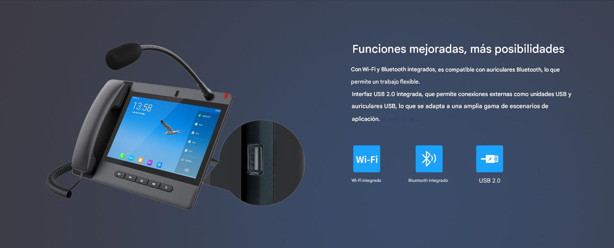 Teléfono IP Android 9.0 Empresarial para voceo 20 líneas SIP, pantalla táctil, Wi-Fi y Bluetooth, PoE, Voceo/ Musica por Multicast, puertos Gigabit
