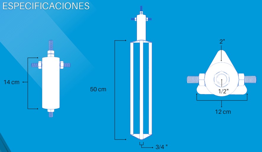 Electrodo Puesta a Tierra 60A / Cobre Electrolítico / Diseño Delta / Filtro Equipotencial / Compuesto 12 kg / 50 cm (19.7 in)