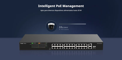 Switch PoE+ no Administrable, hasta 370 Watts Ideal para CCTV, 24 Puertos 10/100 PoE+, 2 Uplinks Gigabit (1 SFP COMBO)