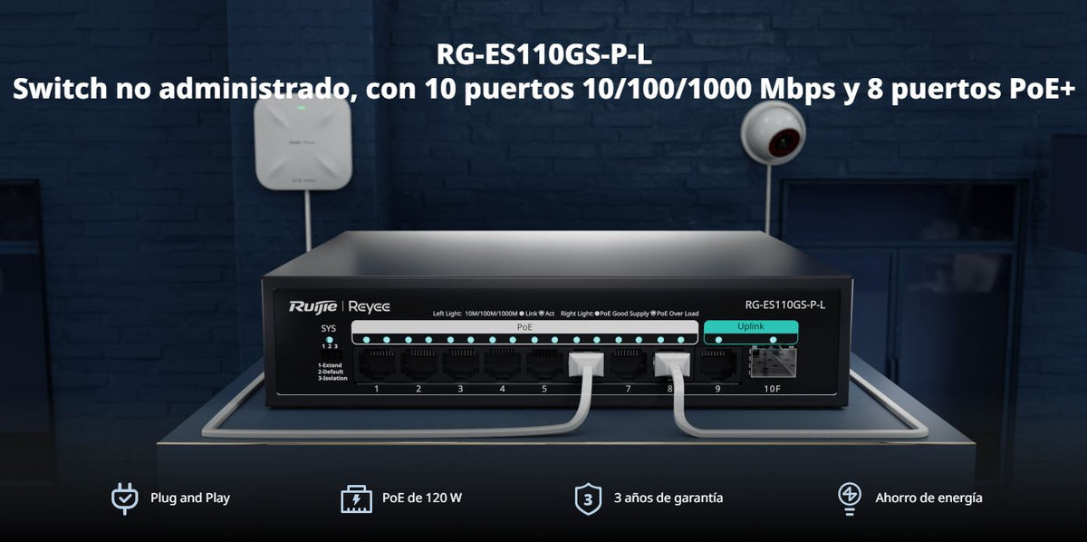 Switch PoE+ no Administrable, hasta 120 Watts, no administrable, 8 puertos PoE+, 2 Uplink Gigabit Ge / SFP