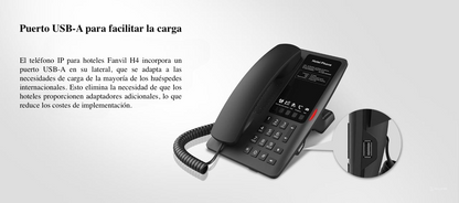 Teléfono IP Hotelero / 2 Líneas SIP / 5 Teclas Programables / Puerto USB-A de Carga / PoE 802.3af / Ethernet 10/100 / Audio HD Manos Libres