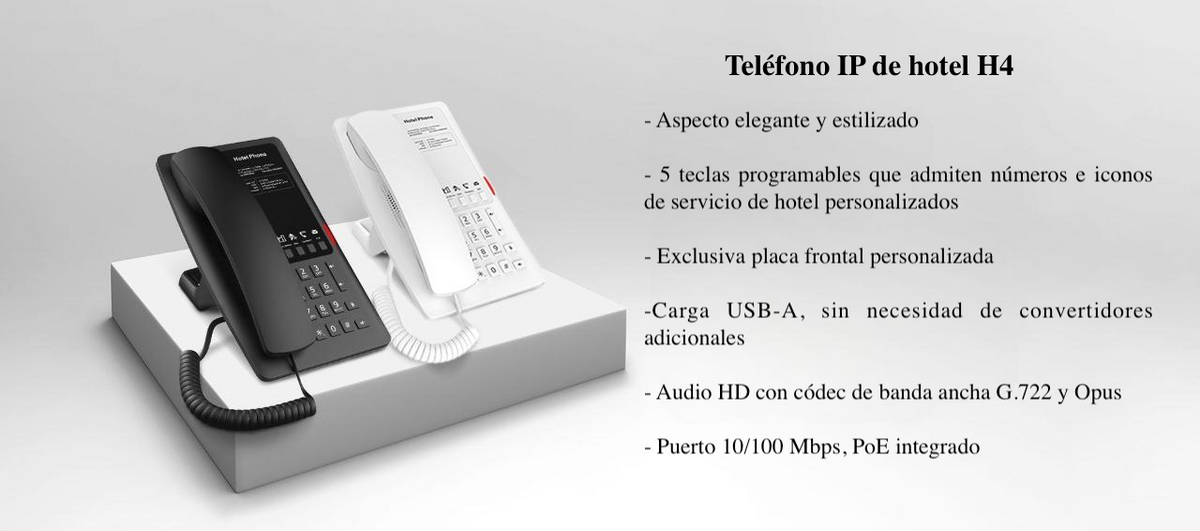 Teléfono IP Hotelero / 2 Líneas SIP / 5 Teclas Programables / Puerto USB-A de Carga / PoE 802.3af / Ethernet 10/100 / Audio HD Manos Libres