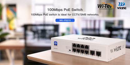 Switch no administrable PoE / Con 8 puertos 10/100 Mbps PoE af/at / 2 Puertos Ethernet 10/100 Mbps / Presupuesto 76 W / PoE hasta 250 metros