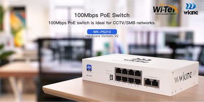 Switch no administrable PoE / Con 8 puertos 10/100 Mbps PoE af/at / 2 Puertos Ethernet 10/100 Mbps / Presupuesto 76 W / PoE hasta 250 metros