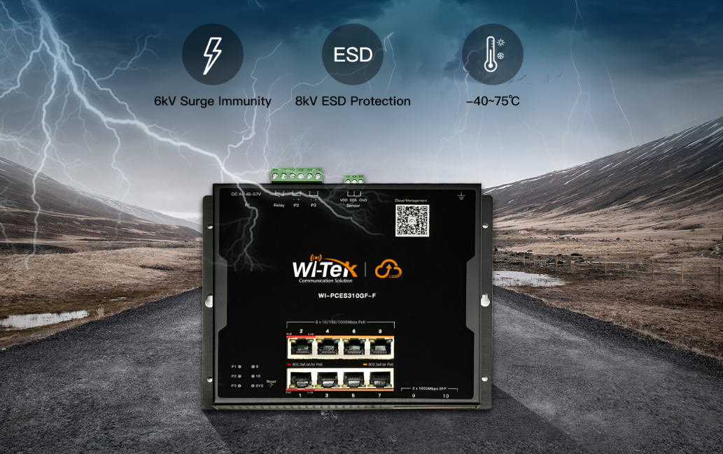 Switch L2 PoE Industrial / Administración Cloud Gratuita / 8 Puertos PoE af/at/bt 10/100/1000 Mbps / 2 Puertos SFP Gigabit / Máx Presupuesto PoE 145