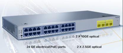 Switch de Acceso eKit Administrable / Capa 2 / 24 Puertos PoE+ Gigabit + 2 Puertos SFP(2.5 Gbps) + 2 Puertos SFP+(10 Gbps) / PoE Perpetuo