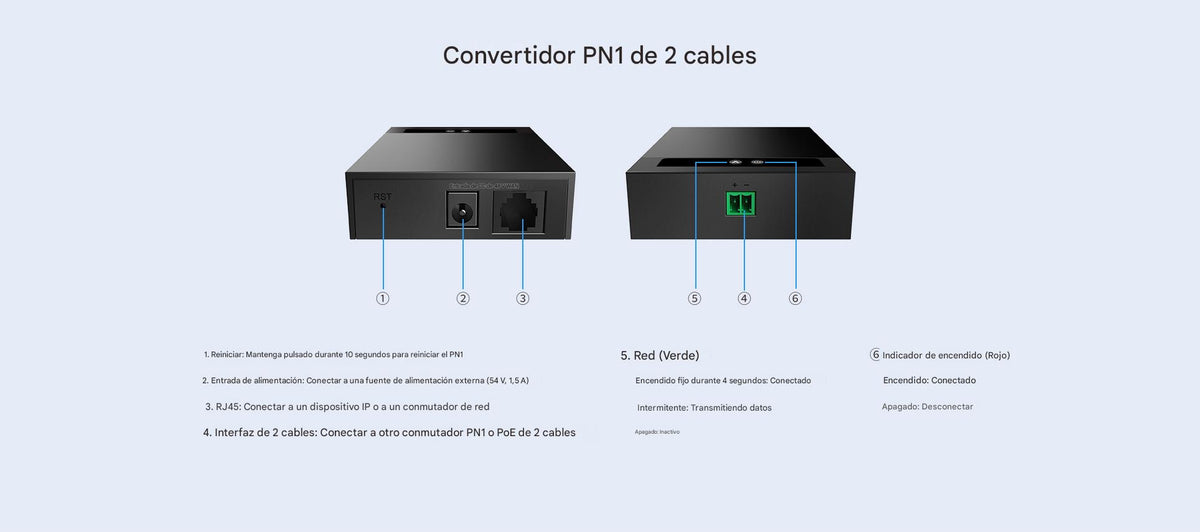 Convertidor 2 Hilos a Ethernet PoE / Salida PoE Estándar IEEE 802.3af/at / Transmisión hasta 300 m (984.3 ft) con Red y Alimentación / Compatible con
