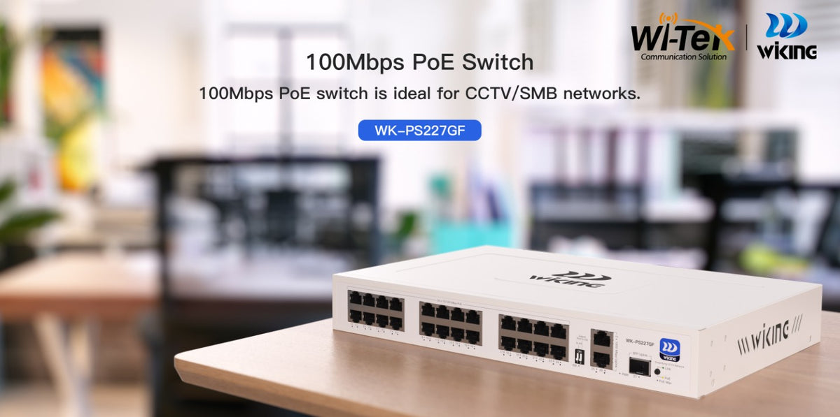 Switch no administrable PoE WI-TEK /24 Puertos 10/100 Mbps PoE af/at / 2 Puertos Uplink Gigabit / 1 Ranura SFP 1000 Mbps / Presupuesto 270 W / Puerto