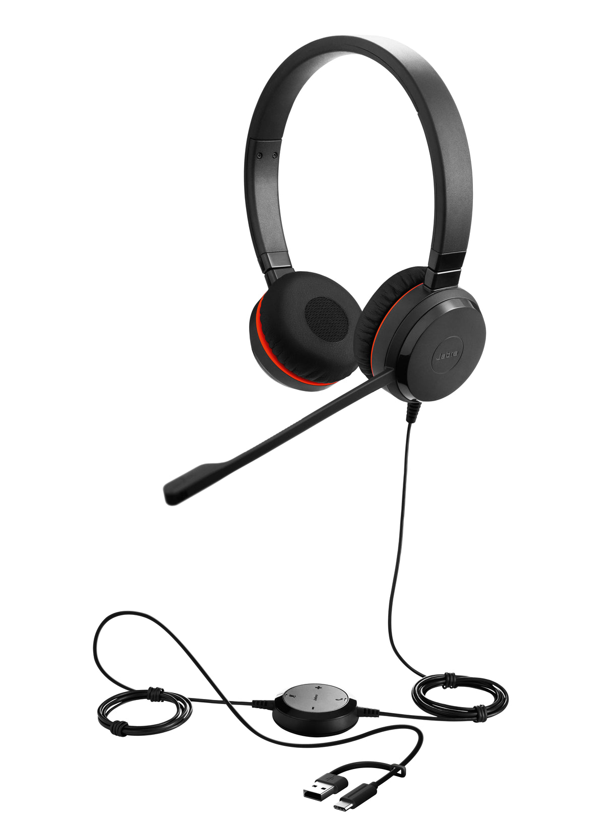 Jabra Evolve 30 II Duo con conexión USB C/A y 3.5mm, micrófono con cancelación de ruido y controlador en el cable con botones e indicadores LED