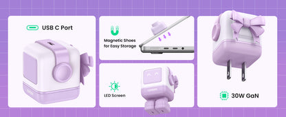 Cargador Mini GaNRobot 30W serie UNO | 1 USB-C de Carga Rápida | Tecnología GaN II | Multiprotocolo PD/QC/SCP/FCA | Carga Inteligente | Pantalla LED