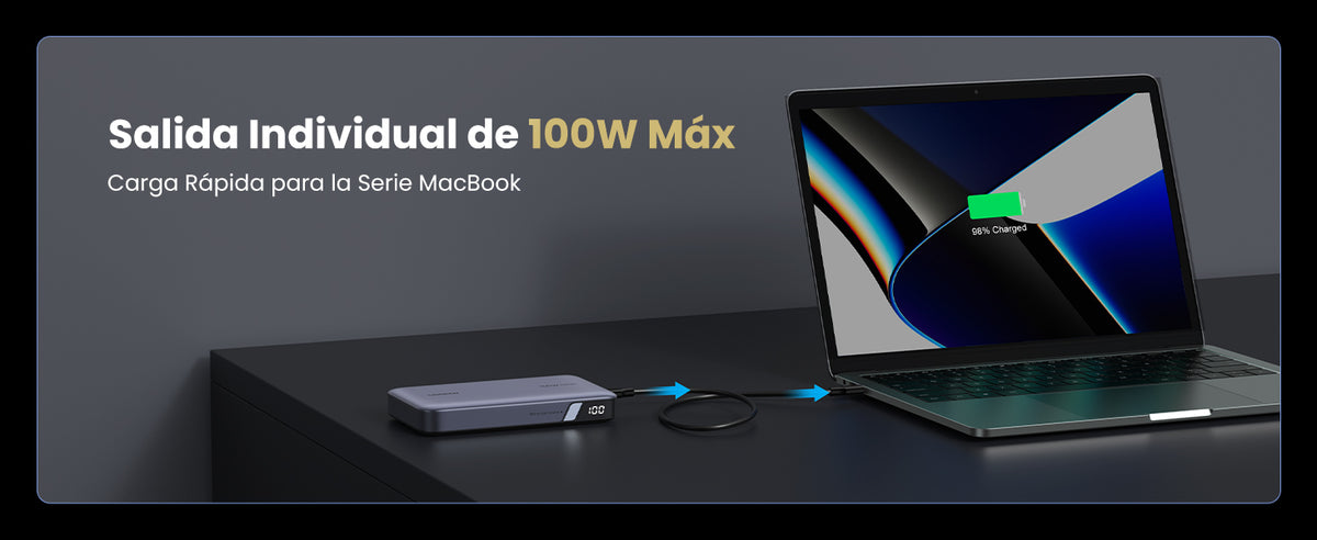 Power Bank de 20000mAh | 3 Salidas 100W Max. | USB-A + 2 USB-C | PD 3.0 | QC3.0 | FCP | SCP | Pantalla Inteligente | Carcasa Ignifuga | Color Gris |