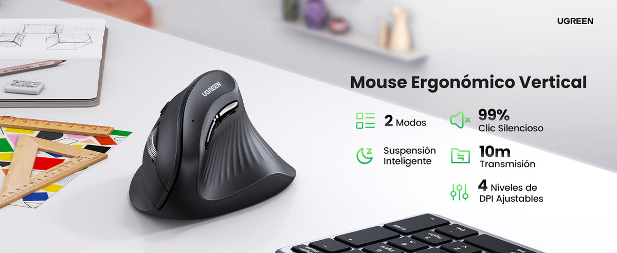 Mouse Inalámbrico en Angulo Vertical | 2.4G & Bluetooth | Conecta 3 dispositivos Simultáneamente | 4 Niveles de DPI | Clic Silencioso | 5 botones