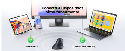 Mouse Inalámbrico en Angulo Vertical | 2.4G & Bluetooth | Conecta 3 dispositivos Simultáneamente | 4 Niveles de DPI | Clic Silencioso | 5 botones