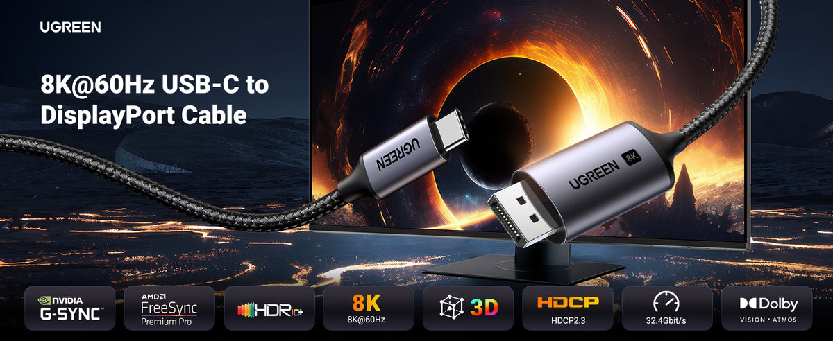 Cable USB-C a DP 1.4 | 3 Metros (9.84 Pies) | Compatible con Thunderbolt 3 & 4 | 8K@60Hz | 4K@240Hz | HDR10+ | eARC | DTS | 3D | ALLM | VRR | |