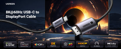 Cable USB-C a DP 1.4 | 3 Metros (9.84 Pies) | Compatible con Thunderbolt 3 & 4 | 8K@60Hz | 4K@240Hz | HDR10+ | eARC | DTS | 3D | ALLM | VRR | |