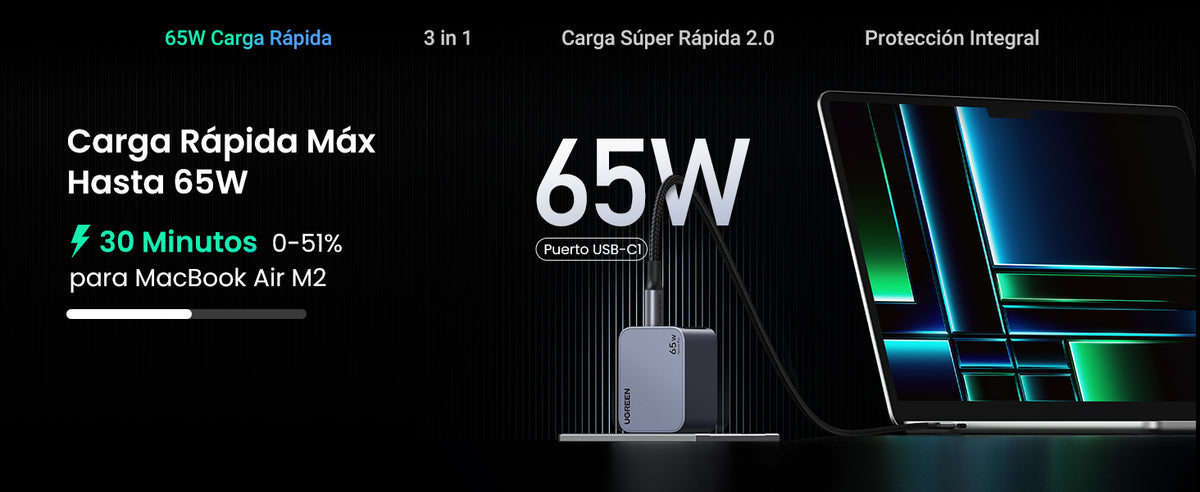 Cargador de 65W serie Nexode Pro | 3 Puertos de Carga Rápida | 2 USB-C | 1 USB-A | Tecnología GaNInfinity | PD3.1 de 65W / QC4.0 | Tecnología de