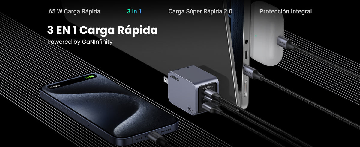 Cargador de 65W serie Nexode Pro | 3 Puertos de Carga Rápida | 2 USB-C | 1 USB-A | Tecnología GaNInfinity | PD3.1 de 65W / QC4.0 | Tecnología de