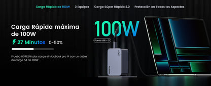 Cargador de 100W serie Nexode Pro | 3 Puertos de Carga Rápida | 2 USB-C | 1 USB-A | Tecnología GaNInfinity | PD3.1 de 100W / QC4.0 | Tecnología de