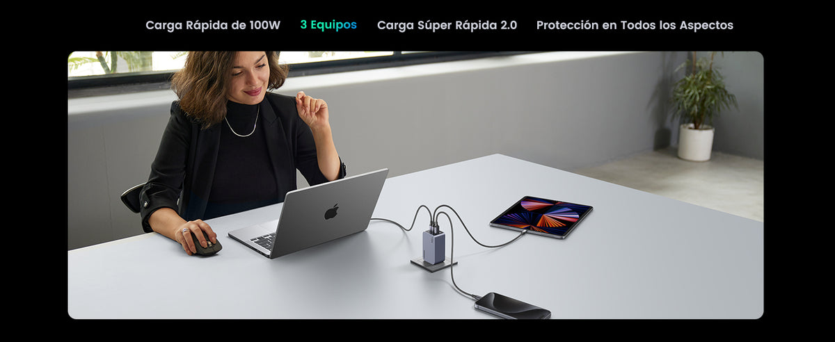 Cargador de 100W serie Nexode Pro | 3 Puertos de Carga Rápida | 2 USB-C | 1 USB-A | Tecnología GaNInfinity | PD3.1 de 100W / QC4.0 | Tecnología de