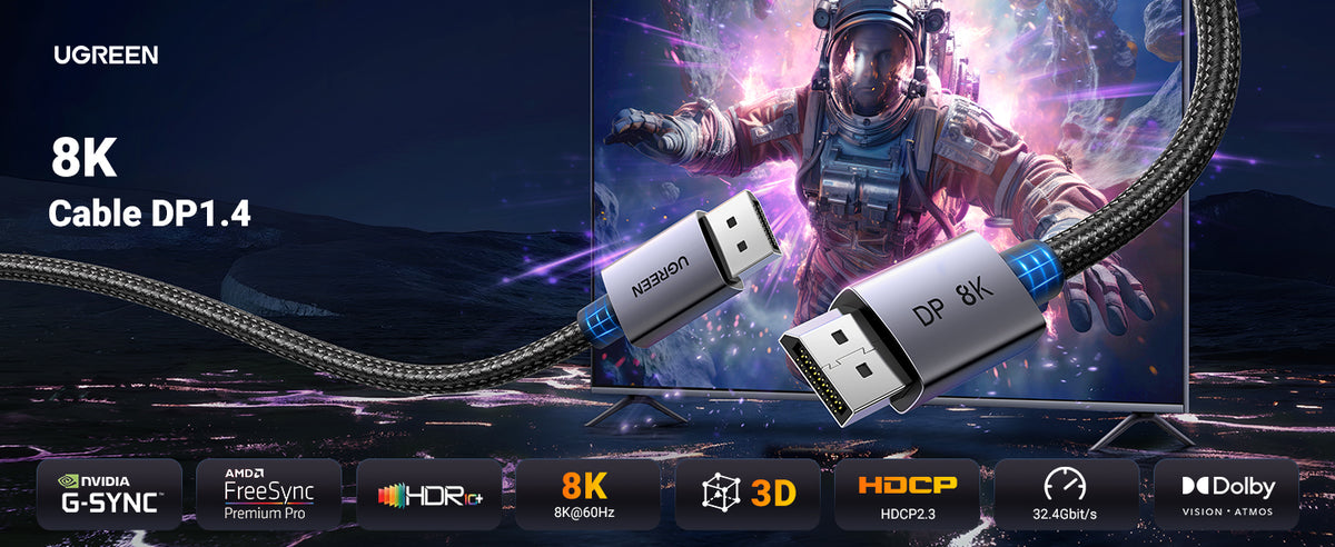 Cable DisplayPort 1.4 | 3 Metros (9.84 Pies) | Resolución 8K@60Hz | Blindaje Interno Múltiple | 3D/HDR+/HDCP | 32.4 Gbps | FreeSync G-Sync |