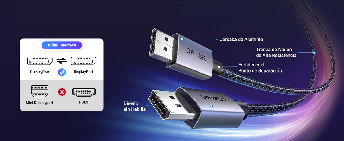Cable DisplayPort 1.4 | 3 Metros (9.84 Pies) | Resolución 8K@60Hz | Blindaje Interno Múltiple | 3D/HDR+/HDCP | 32.4 Gbps | FreeSync G-Sync |