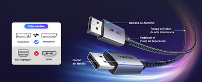 Cable DisplayPort 1.4 | 3 Metros (9.84 Pies) | Resolución 8K@60Hz | Blindaje Interno Múltiple | 3D/HDR+/HDCP | 32.4 Gbps | FreeSync G-Sync |