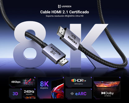 Cable HDMI 2.1 de 8K@60Hz | 2 Metros (6.56 Pies) | 48Gbps | HDR10+ | 3D Inversivo | eARC | Dolby ATMOS | VVR | QMS | QFT | ALLM | 3 Modos de