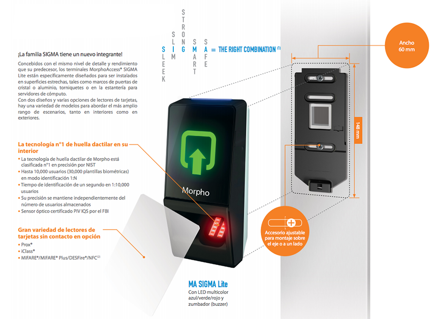 Lector de huella Sigma Lite BIO con lector Mifare PoE, IP65 aprobado por FBI