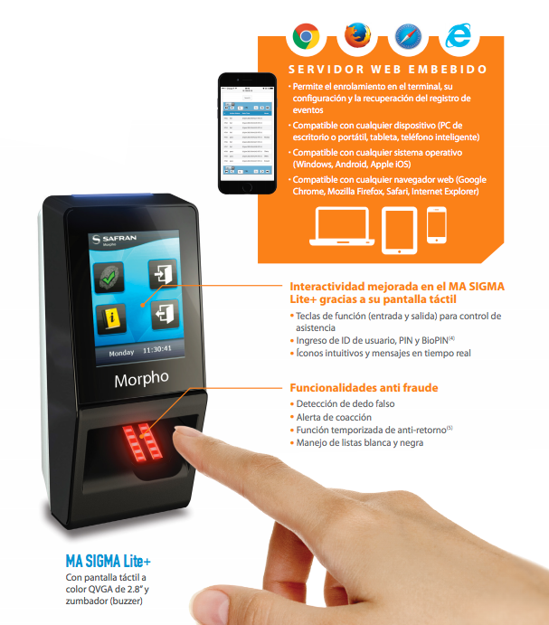 Lector de Huellas Serie Sigma lite + (plus) con lector Mifare PoE, IP65 aprobado por FBI