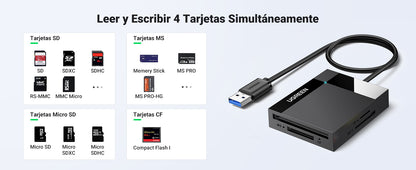 Lector de Tarjetas USB-A 3.0 a CompactFlash (CF)/ MemoryStick (MS)/ TransFlash (TF)/ SecureDigital (SD) | 4 en 1 | 5Gbps | Hasta 2TB | Soporta
