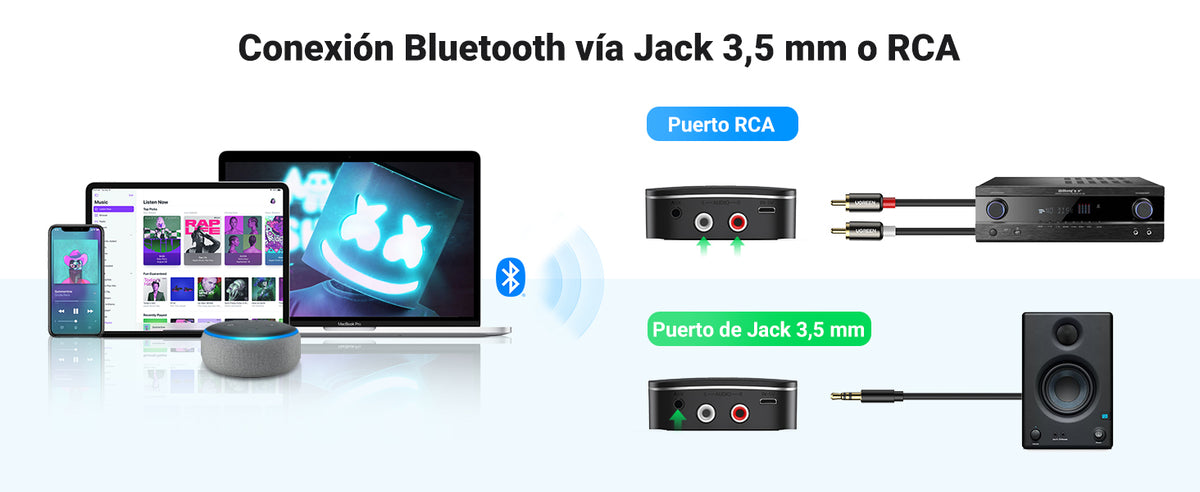Receptor de Audio Bluetooth 5.0 a RCA o Auxiliar 3.5mm / Tecnología EDR / Reconexión Automática / Hasta 10 m / Ideal para Conectar Celulares, o