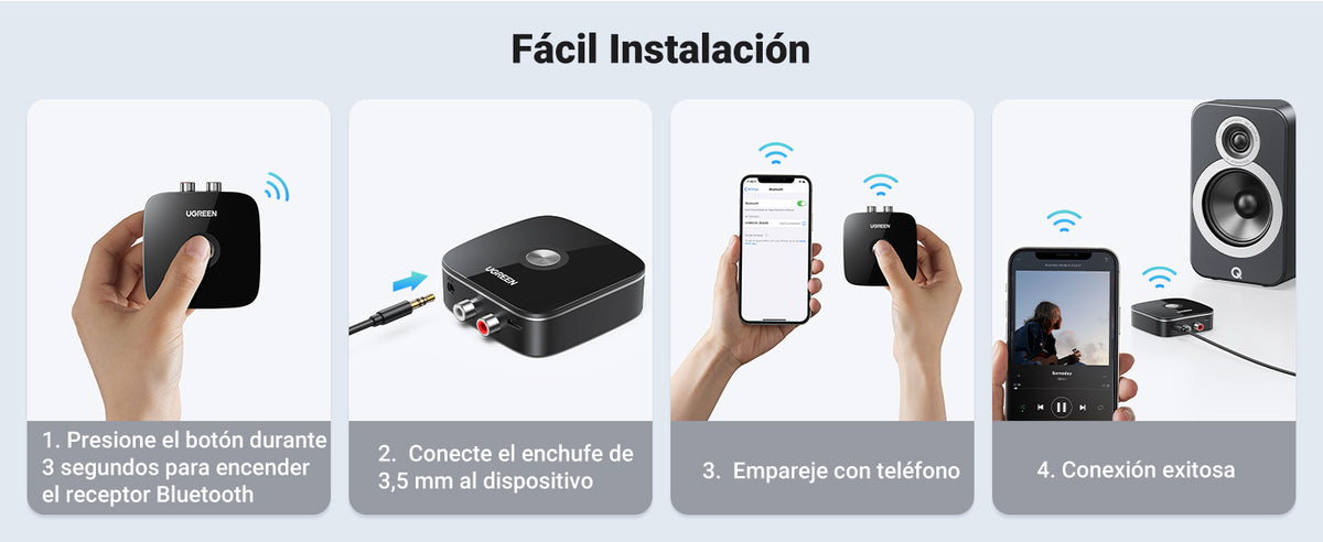 Receptor de Audio Bluetooth 5.0 a RCA o Auxiliar 3.5mm / Tecnología EDR / Reconexión Automática / Hasta 10 m / Ideal para Conectar Celulares, o