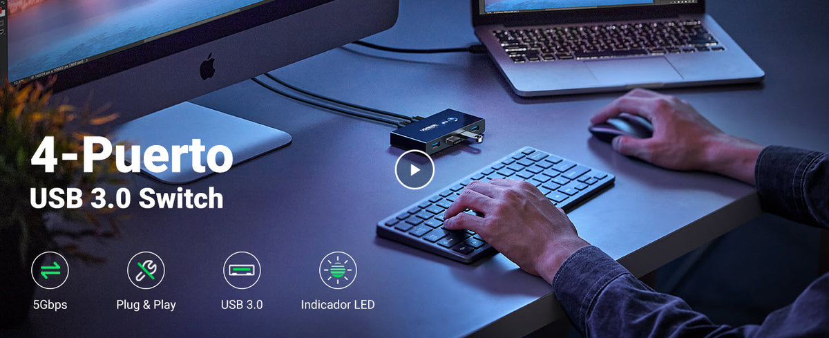 Conmutador USB para Compartir 4 Puertos USB 3.0 a 2 PC Ìs | Cambio Mediante Botón | Incluye Dos Cables USB de 1.5 m | ABS | Permite que 2 Usuarios