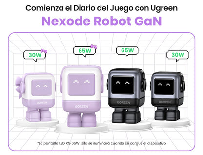 Cargador RobotGaN de 65W Serie UNO | 3 Puertos de Carga Rápida | 2 USB-C | 1 USB-A | PD 3.0 | QC 4.0 | Carga Inteligente | Tecnología GaN II | Zapato