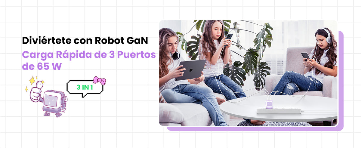 Cargador RobotGaN de 65W Serie UNO | 3 Puertos de Carga Rápida | 2 USB-C | 1 USB-A | PD 3.0 | QC 4.0 | Carga Inteligente | Tecnología GaN II | Zapato