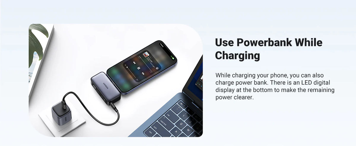 Power Bank 5000mAh | Conector USB-C Incorporado | 22.5W | Carga Rápida | Soporte Integrado | Pantalla Led | Compacto y Portatil | Compatible con