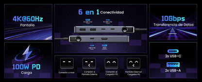 HUB USB-C Uno USB-C To HDMI+2*USB 3.2 A+2*USB 3.2 C+PD Power Converter ABS