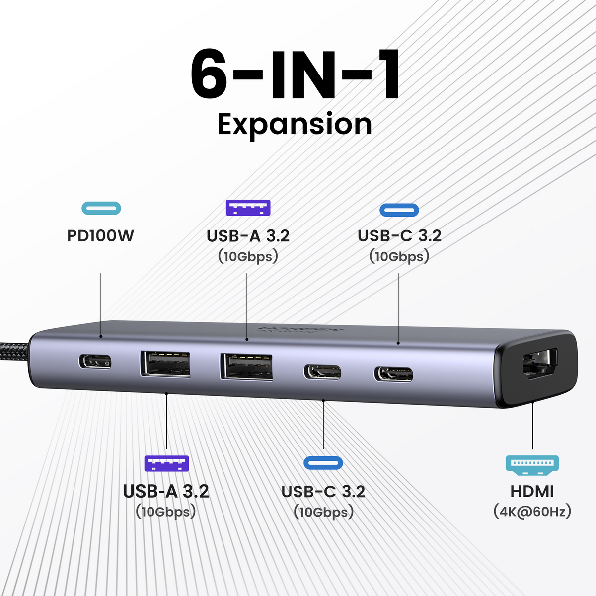 Hub USB-C 6 en 1 / HDMI 4K@60Hz / 2x USB-A 3.2 Gen 2 (10 Gbps) / 2x USB-C 3.2 (10 Gbps) / PD 100W / Compatibilidad Universal / Driver-Free / Aluminio