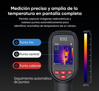 E02 - Cámara Termográfica Portátil / SuperIR 240 x 240 / Rango de -20°C a 400°C / Pantalla LCD 2.4" / Fusión Térmica-Visible / Memoria 4GB (30,000