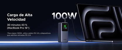 Power Bank de 20000mAh | 3 Salidas 130W Max. | USB-A + 2 USB-C | PD 3.0 | QC3.0 | FCP | SCP | Pantalla Inteligente | Carcasa Ignifuga | Color Gris |