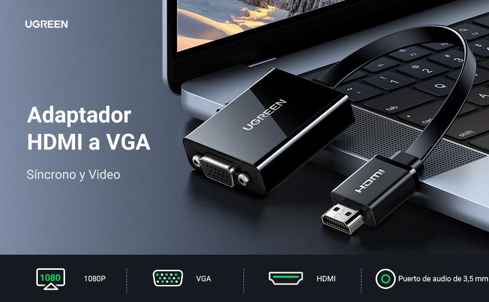 Adaptador HDMI a VGA / Resolución 1080P / Audio 3.5mm / Con Puerto Micro USB para Alimentación / Plug & Play / No Requiere Controlador / ABS