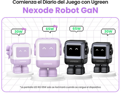 Cargador Mini GaNRobot 30W serie UNO | 1 USB-C de Carga Rápida | Tecnología GaN II | Multiprotocolo PD/QC/SCP/FCA | Carga Inteligente | Pantalla LED